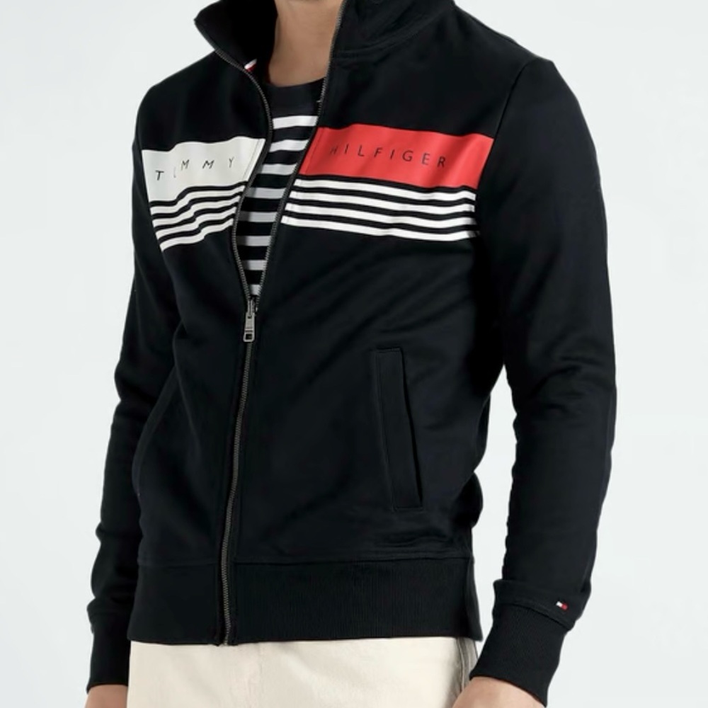 Tommy Hilfiger Men’s XL Black Sweatshirt Zip-Up Logo Mock Collar Jacket